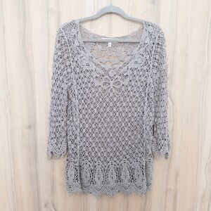 Fever Womens Crochet Lace Top Size L Taupe 3/4 Sleeve Sheer Boho Cottage Fairy